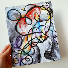 Load image into Gallery viewer, A surrealist art print on mental health, titled &quot;Secret Anxiety&quot;, with a person&#39;s head opening up to crazy swirls of lines and rainbow colours taking over the entire image.
