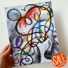 Load image into Gallery viewer, A surrealist art print on mental health, titled &quot;Secret Anxiety&quot;, with a person&#39;s head opening up to crazy swirls of lines and rainbow colours taking over the entire image.
