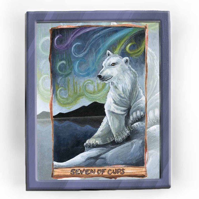art print of the seven of cups tarot card, from the animism tarot. a polar bear sits on the edge of the ice, looking over dark waters. the sky is filled with the Northern lights.