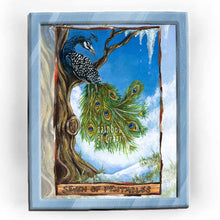 Load image into Gallery viewer, an art print of the seven of Pentacles tarot card, from the animism tarot: a peacock rests high up in a tree, watching the cold winter snow melt away, making way for the upcoming spring.
