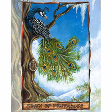 Load image into Gallery viewer, an art print of the seven of Pentacles tarot card, from the animism tarot: a peacock rests high up in a tree, watching the cold winter snow melt away, making way for the upcoming spring.
