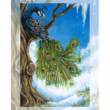 Load image into Gallery viewer, an art print of the seven of Pentacles tarot card, from the animism tarot: a peacock rests high up in a tree, watching the cold winter snow melt away, making way for the upcoming spring.
