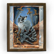 Load image into Gallery viewer, art print of the seven of swords tarot card from the animism tarot, featuring an illustration of a raccon about to pick up several swords while looking over its shoulder.
