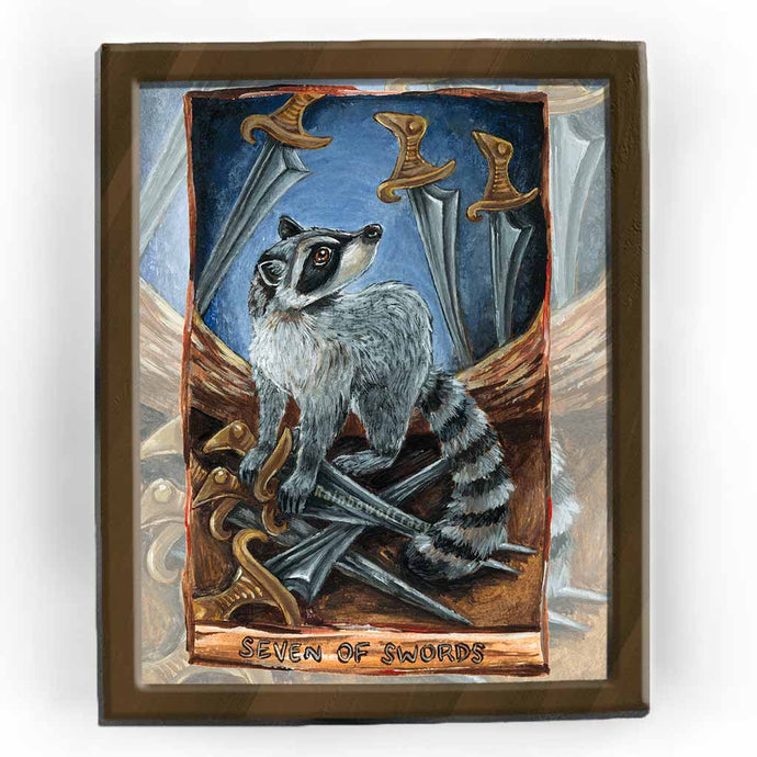 art print of the seven of swords tarot card from the animism tarot, featuring an illustration of a raccon about to pick up several swords while looking over its shoulder.