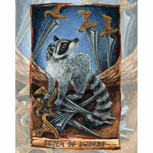 Load image into Gallery viewer, art print of the seven of swords tarot card from the animism tarot, featuring an illustration of a raccon about to pick up several swords while looking over its shoulder.
