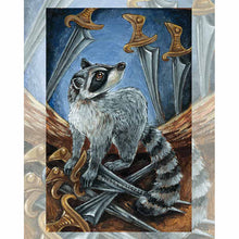 Load image into Gallery viewer, art print of the seven of swords tarot card from the animism tarot, featuring an illustration of a raccon about to pick up several swords while looking over its shoulder.
