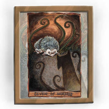 Load image into Gallery viewer, an art print of the seven of wands tarot card from the animism tarot. two hedgehogs are backed into a corner. one tries to protect the other from a rising dark shadow coming closer.
