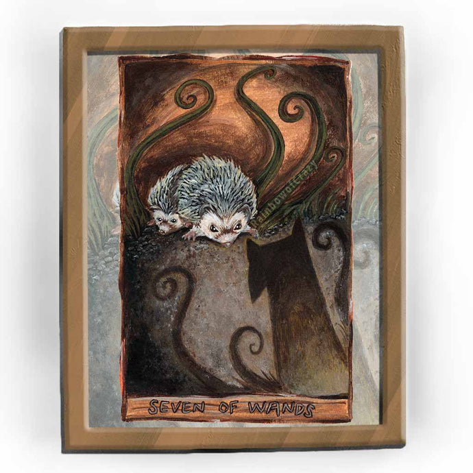 an art print of the seven of wands tarot card from the animism tarot. two hedgehogs are backed into a corner. one tries to protect the other from a rising dark shadow coming closer.