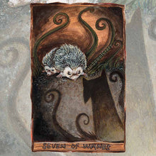 Load image into Gallery viewer, an art print of the seven of wands tarot card from the animism tarot. two hedgehogs are backed into a corner. one tries to protect the other from a rising dark shadow coming closer.
