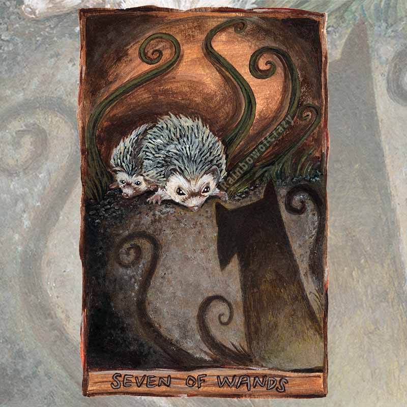 an art print of the seven of wands tarot card from the animism tarot. two hedgehogs are backed into a corner. one tries to protect the other from a rising dark shadow coming closer.