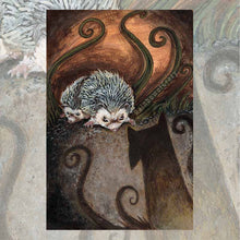 Load image into Gallery viewer, an art print of the seven of wands tarot card from the animism tarot. two hedgehogs are backed into a corner. one tries to protect the other from a rising dark shadow coming closer.
