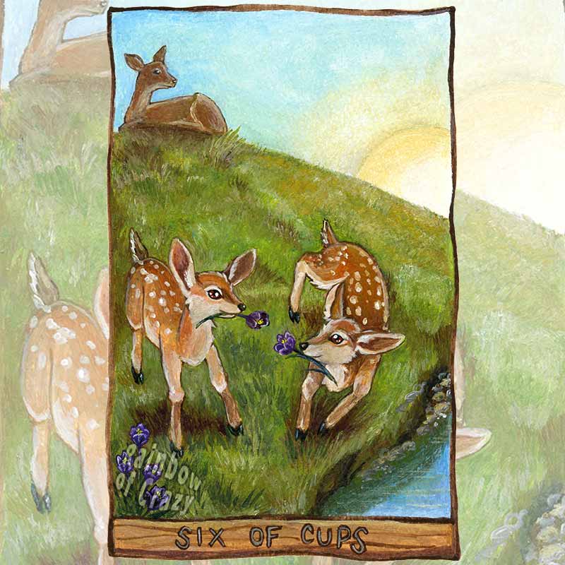 an art print of the six of cups tarot card from the animism tarot. two baby deer play in with crocus flowers in a field, with their mother watching over them in the distance.