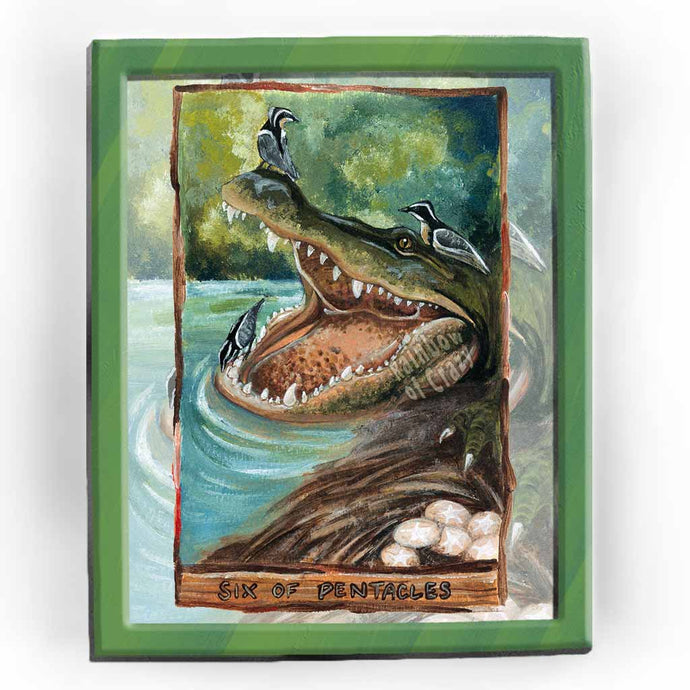 an art print of the six of pentacles tarot card, from the animism tarot deck: a crocodile opens its mouth wide while a plover birds cleans the alligator's teeth and two plovers sit on its head.