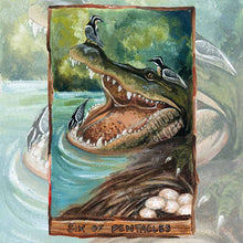 Load image into Gallery viewer, an art print of the six of pentacles tarot card, from the animism tarot deck: a crocodile opens its mouth wide while a plover birds cleans the alligator&#39;s teeth and two plovers sit on its head. 
