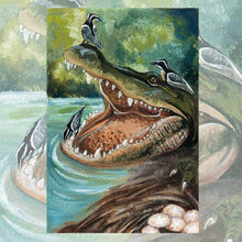 Load image into Gallery viewer, an art print of the six of pentacles tarot card, from the animism tarot deck: a crocodile opens its mouth wide while a plover birds cleans the alligator&#39;s teeth and two plovers sit on its head. 
