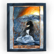 Load image into Gallery viewer, an art print of the six of swords tarot card, from the animism tarot: an Adelie penguin, with her baby, travel on a small iceberg, heading towards land, where hundreds of penguins wait.
