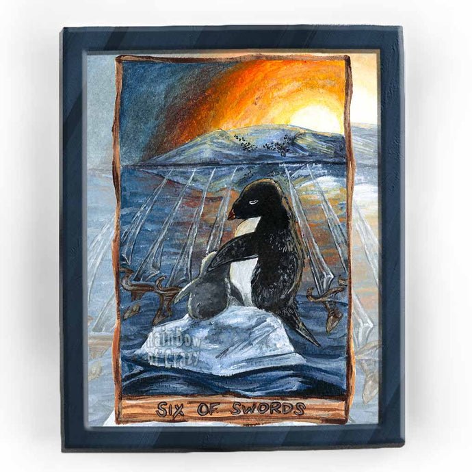 an art print of the six of swords tarot card, from the animism tarot: an Adelie penguin, with her baby, travel on a small iceberg, heading towards land, where hundreds of penguins wait.