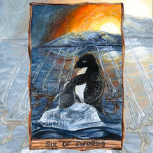 Load image into Gallery viewer, an art print of the six of swords tarot card, from the animism tarot: an Adelie penguin, with her baby, travel on a small iceberg, heading towards land, where hundreds of penguins wait.
