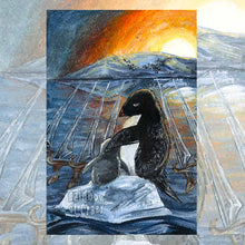 Load image into Gallery viewer, an art print of the six of swords tarot card, from the animism tarot: an Adelie penguin, with her baby, travel on a small iceberg, heading towards land, where hundreds of penguins wait.
