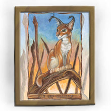 Load image into Gallery viewer, an art print of the six of wands tarot card from the animism tarot deck. a caracal cat stands on a curved tree trunk, as the sun sets.
