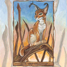 Load image into Gallery viewer, an art print of the six of wands tarot card from the animism tarot deck. a caracal cat stands on a curved tree trunk, as the sun sets.
