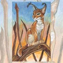 Load image into Gallery viewer, an art print of the six of wands tarot card from the animism tarot deck. a caracal cat stands on a curved tree trunk, as the sun sets.
