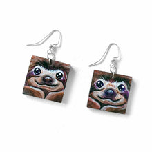 Load image into Gallery viewer, square wood fish hook earrings, hand painted with smiling sloth faces
