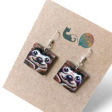Load image into Gallery viewer, square wood fish hook earrings, hand painted with smiling sloth faces

