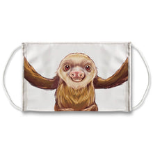 Load image into Gallery viewer, A white reusable face mask features art of a sloth with arms spread wide for a hug
