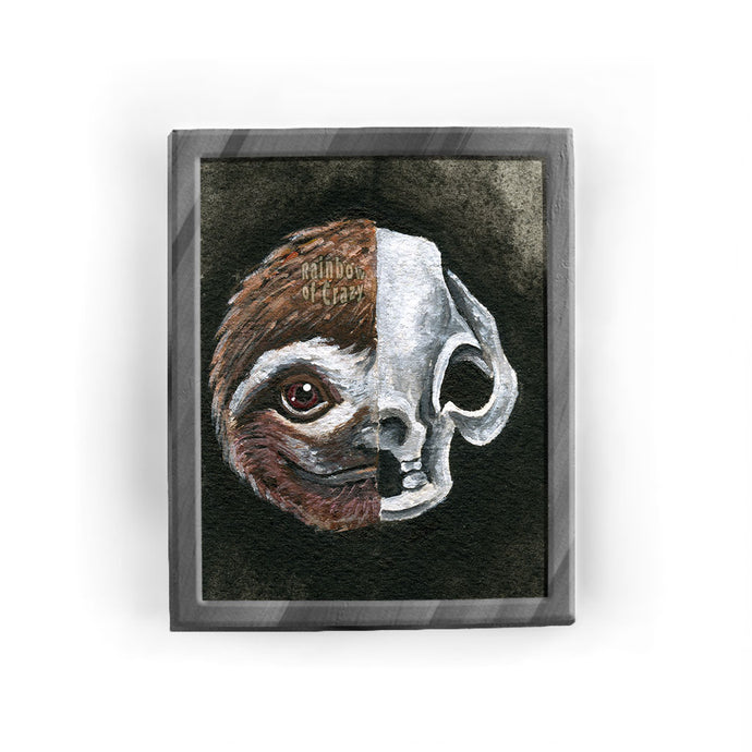 This illustration shows a smiling sloth's face on the left side and a stylized sloth skull on the right side