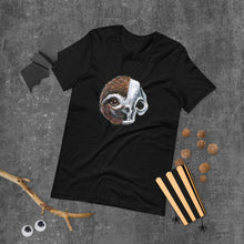 Load image into Gallery viewer, A premium unisex t-shirt in the colour black, features a print of a split image: a skull&#39;s face on the left side and a sloth skull on the right.
