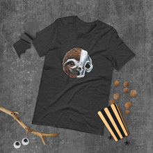 Load image into Gallery viewer, A premium unisex t-shirt in the colour dark grey heather, features a print of a split image: a skull&#39;s face on the left side and a sloth skull on the right.
