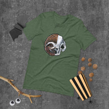 Load image into Gallery viewer, A premium unisex t-shirt in the colour heather forest, features art of a split image: a skull&#39;s face on the left side and a sloth skull on the right.
