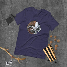 Load image into Gallery viewer, A premium unisex t-shirt in the colour red, features an illustration of a split image: a skull&#39;s face on the left side and a sloth skull on the right.  A premium unisex t-shirt in the colour heather navy, features an illustration of a split image: a skull&#39;s face on the left side and a sloth skull on the right.
