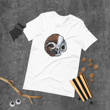Load image into Gallery viewer,  A premium unisex t-shirt in the colour white, features an illustration of a split image: a skull&#39;s face on the left side and a sloth skull on the right.
