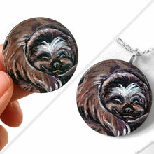 Load image into Gallery viewer, sleeping sloth art, hand painted on a small wood circle, available as keepsake or pendant necklace
