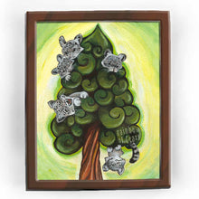 Load image into Gallery viewer, an art print featuring an illustration of 5 snow leopard cubs playing in a whimsical, swirly tree
