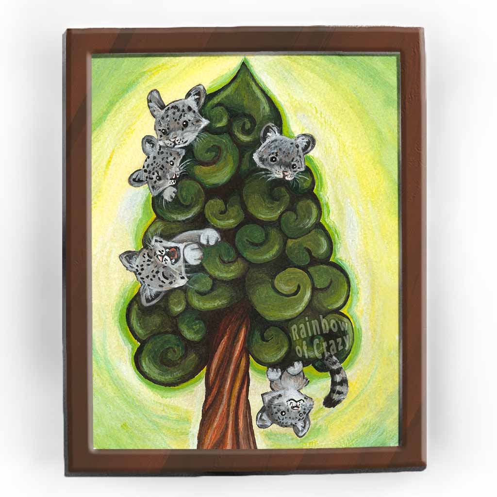 an art print featuring an illustration of 5 snow leopard cubs playing in a whimsical, swirly tree