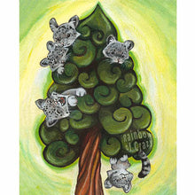 Load image into Gallery viewer, an art print featuring an illustration of 5 snow leopard cubs playing in a whimsical, swirly tree
