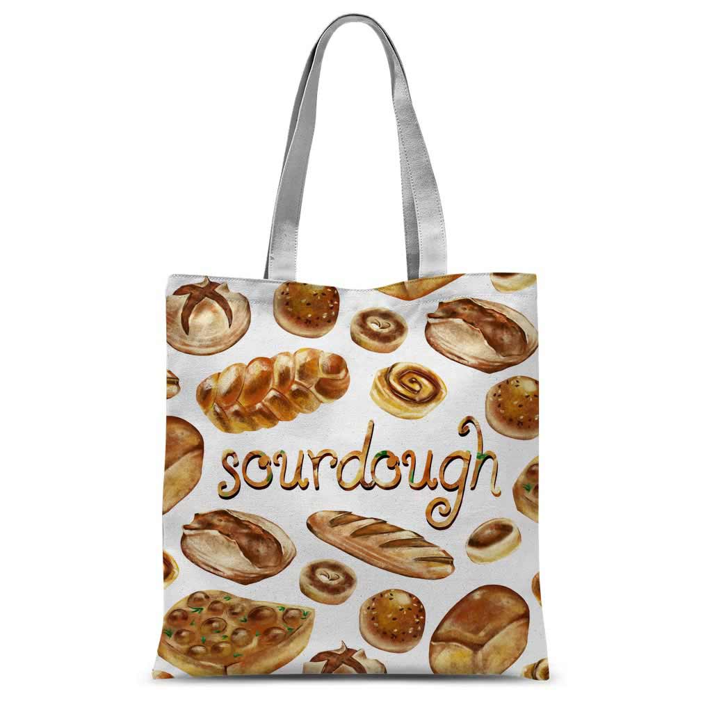 A white tote bag, printed with the word, 