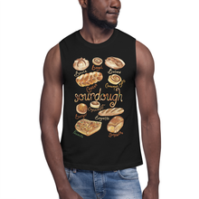 Load image into Gallery viewer, a man wearing a unisex muscle tank top in the colour black, featuring an illustration of ten different sourdough bread with their names. in the middle is the word, sourdough

