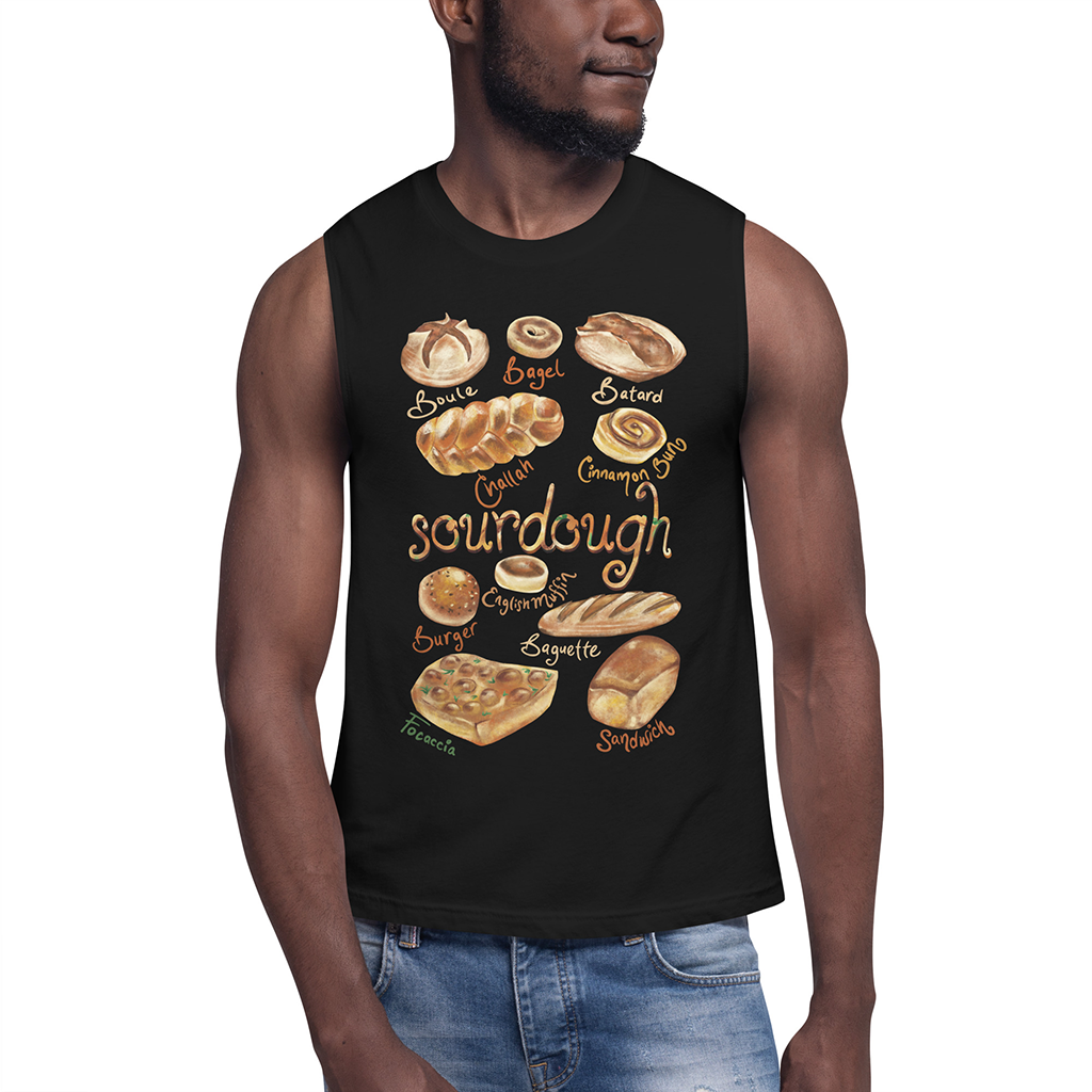 a man wearing a unisex muscle tank top in the colour black, featuring an illustration of ten different sourdough bread with their names. in the middle is the word, sourdough
