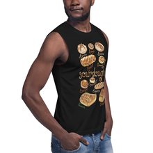 Load image into Gallery viewer, a man wearing a unisex muscle tank top in the colour black, featuring an illustration of ten different sourdough bread with their names. in the middle is the word, sourdough
