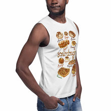 Load image into Gallery viewer, a man wearing a unisex muscle tank top in the colour white, featuring an illustration of ten different sourdough bread with their names. in the middle is the word, sourdough
