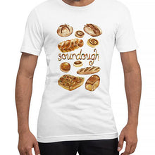 Load image into Gallery viewer, A man is wearing the Sourdough Lovers unisex premium t-shirt in the colour white, printed with art of 10 different sourdough breads.
