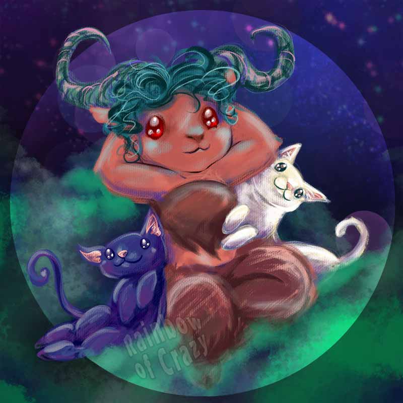an art print featuring a faun, black cat, and white cat, lying down, gazing at the starry sky