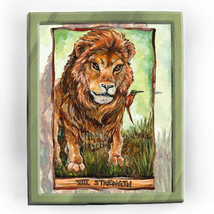 art print of the strength tarot card, from the animism tarot, featuring a lion, with a carmine bee-eater bird sitting on the lion's shoulder