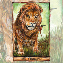 Load image into Gallery viewer, art print of the strength tarot card, from the animism tarot, featuring a lion, with a carmine bee-eater bird sitting on the lion&#39;s shoulder
