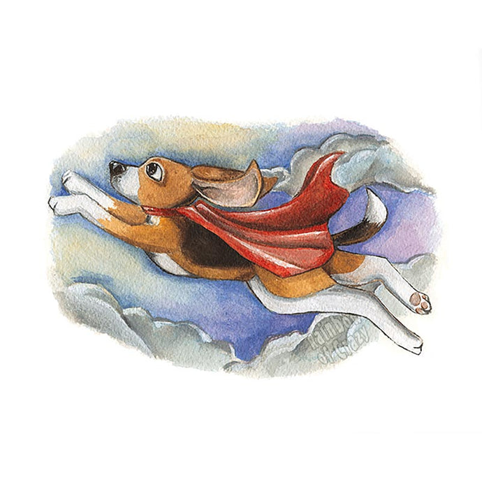 an art print of a beagle dog wearing a red cape, flying through the sky.