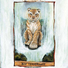 Load image into Gallery viewer, An art print of the Temperance tarot card from the animism tarot: a liger sits in between two waterfalls that flow together to become one
